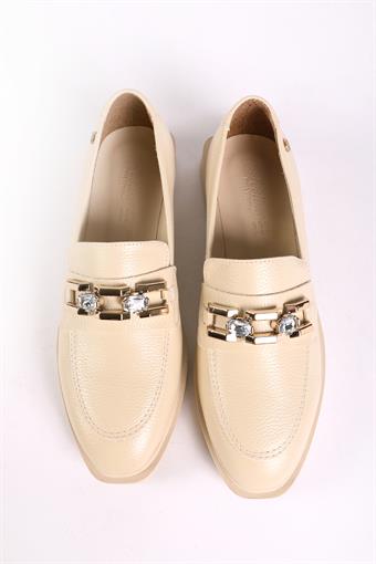 Kadın Taş Detaylı Loafer Bej Cilt