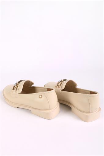 Kadın Taş Detaylı Loafer Bej Cilt
