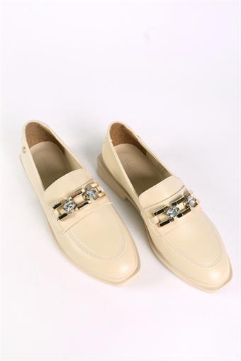Kadın Taş Detaylı Loafer Bej Cilt