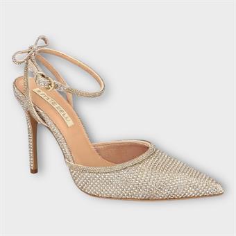 Kadın Taş Kordon Detaylı Zırh Kumaş Sivri Burun Topuklu Ayakkabı Altın