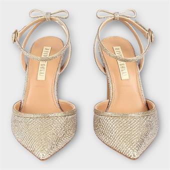 Kadın Taş Kordon Detaylı Zırh Kumaş Sivri Burun Topuklu Ayakkabı Altın