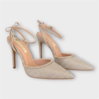 Kadın Taş Kordon Detaylı Zırh Kumaş Sivri Burun Topuklu Ayakkabı Altın