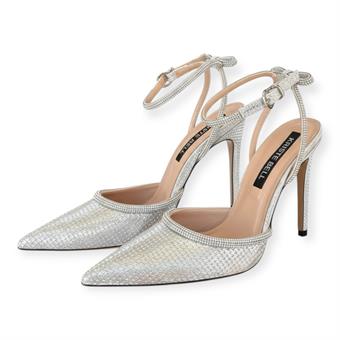Kadın Taş Kordon Detaylı Zırh Kumaş Sivri Burun Topuklu Ayakkabı Gümüş