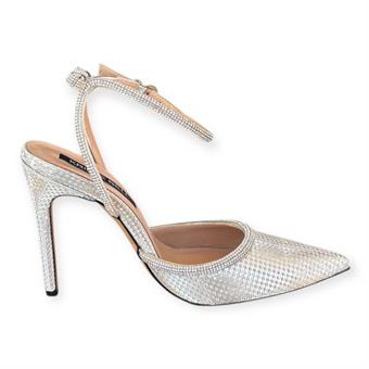Kadın Taş Kordon Detaylı Zırh Kumaş Sivri Burun Topuklu Ayakkabı Gümüş