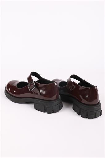 Kadın Üstten Bantlı Kalın Tabanlı Babet Loafer Ayakkabı Bordo Rugan