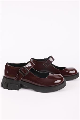 Kadın Üstten Bantlı Kalın Tabanlı Babet Loafer Ayakkabı Bordo Rugan