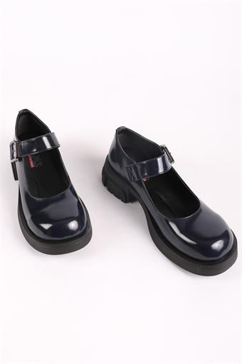 Kadın Üstten Bantlı Kalın Tabanlı Babet Loafer Ayakkabı Lacivert Rugan