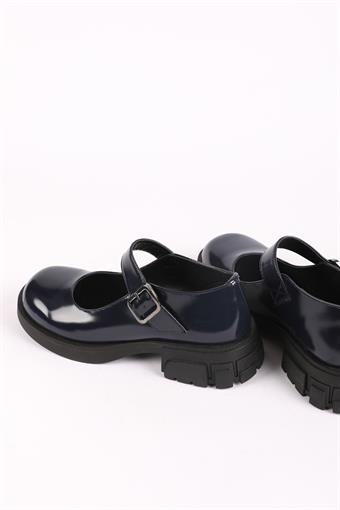 Kadın Üstten Bantlı Kalın Tabanlı Babet Loafer Ayakkabı Lacivert Rugan