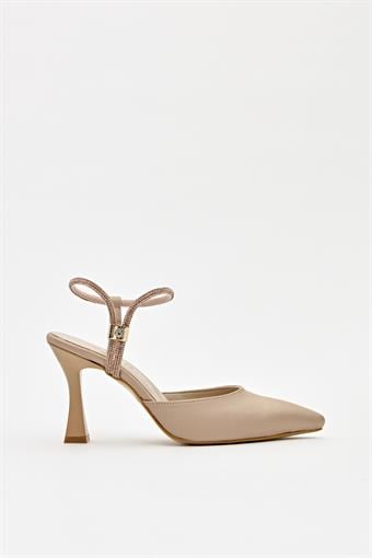 Kadın Topuklu Üstten Bantlı Abiye Ayakkabı Ten