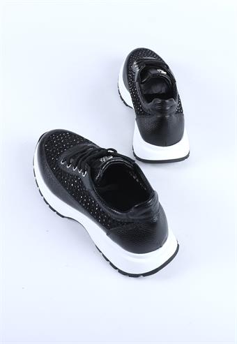 Kadın Transparan Fileli Taş Detaylı Hakiki Deri Sneaker Siyah