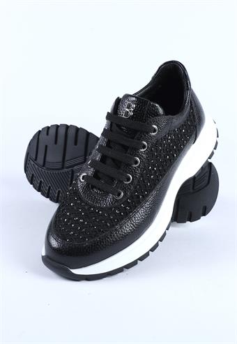 Kadın Transparan Fileli Taş Detaylı Hakiki Deri Sneaker Siyah
