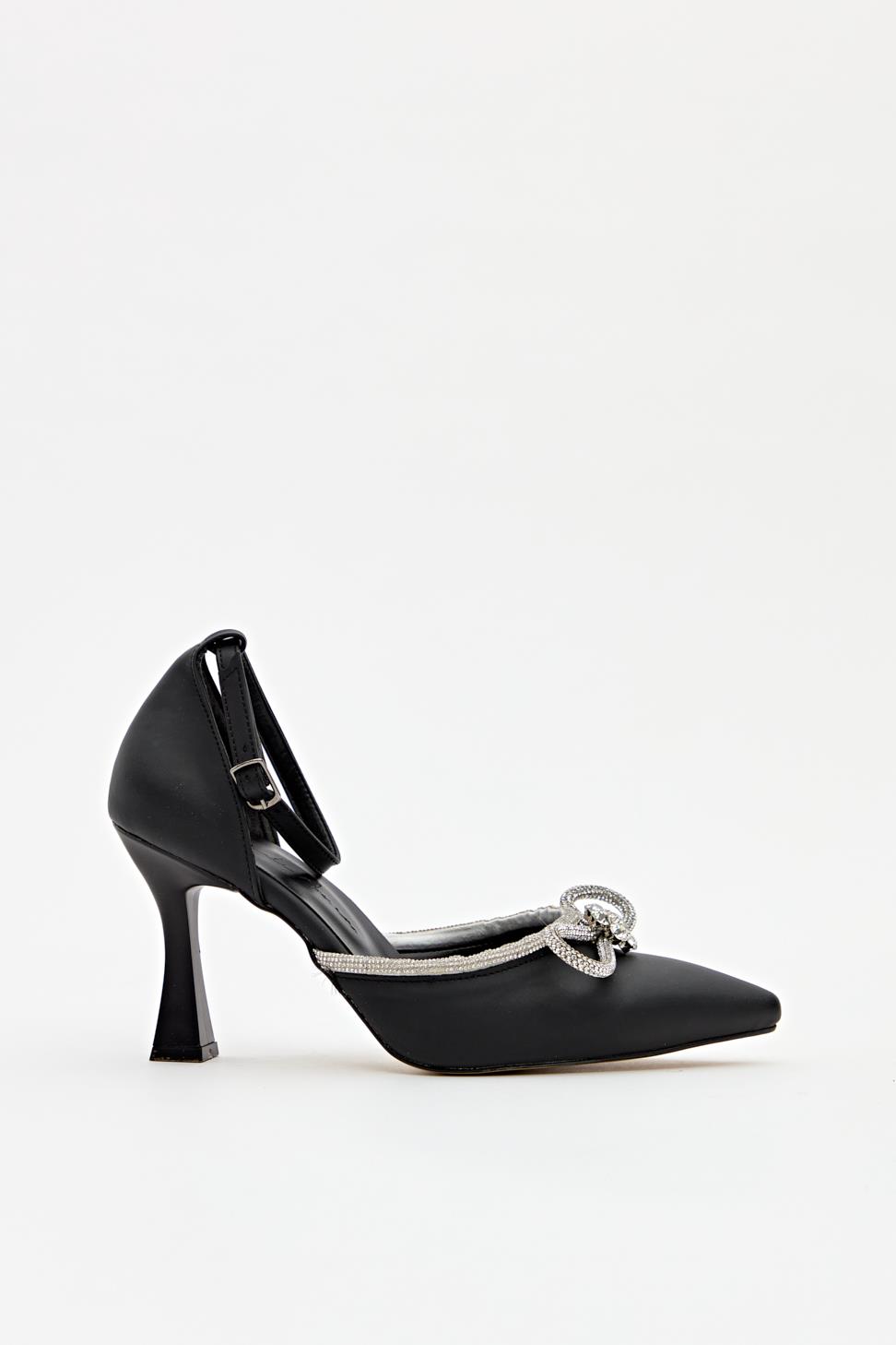 Kadın Bıyık Fiyonklu Taş Detaylı Abiye Ayakkabı SİYAH SATEN