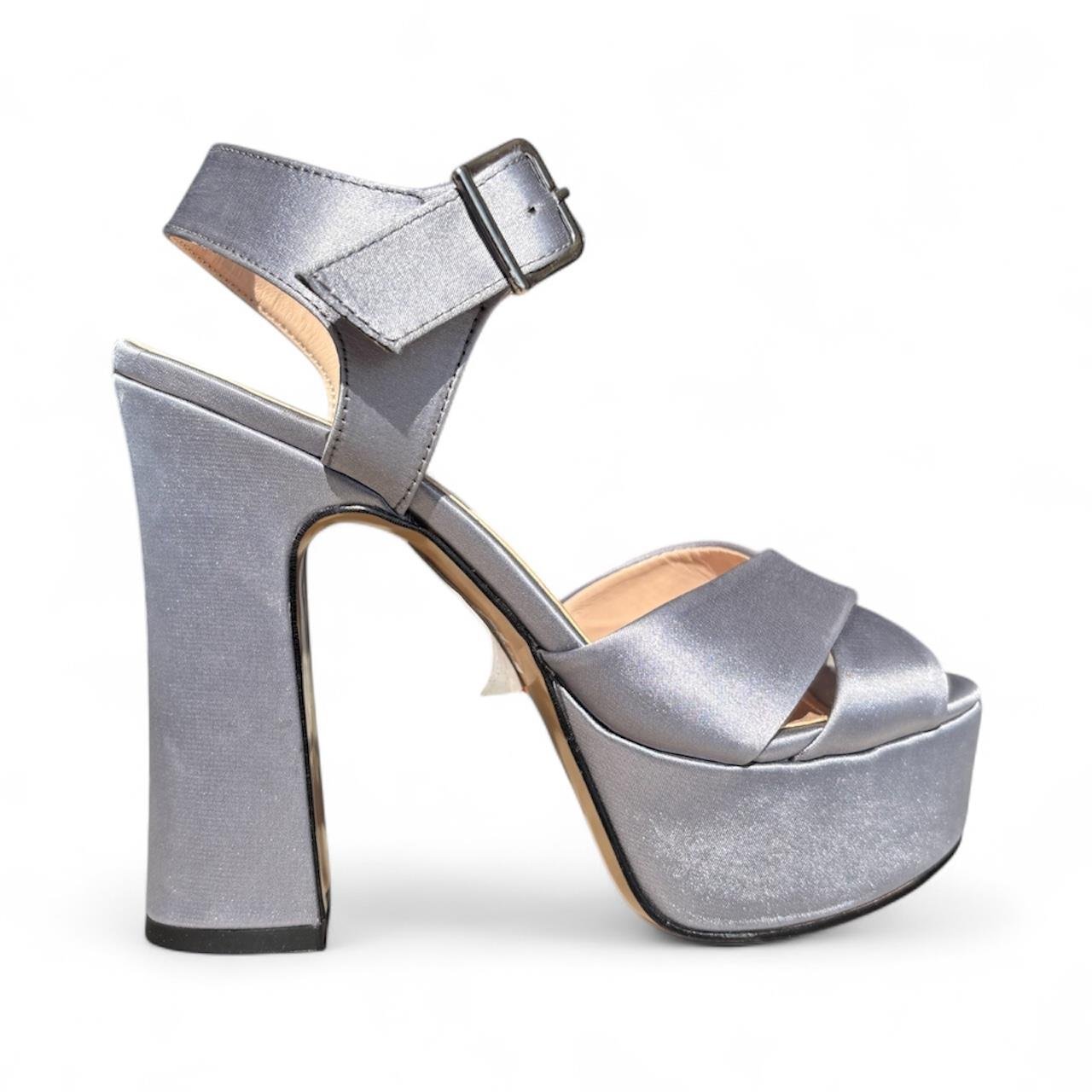 Kadın Çapraz Bantlı Kalın Topuklu Açık Ayakkabı Koyu Gri