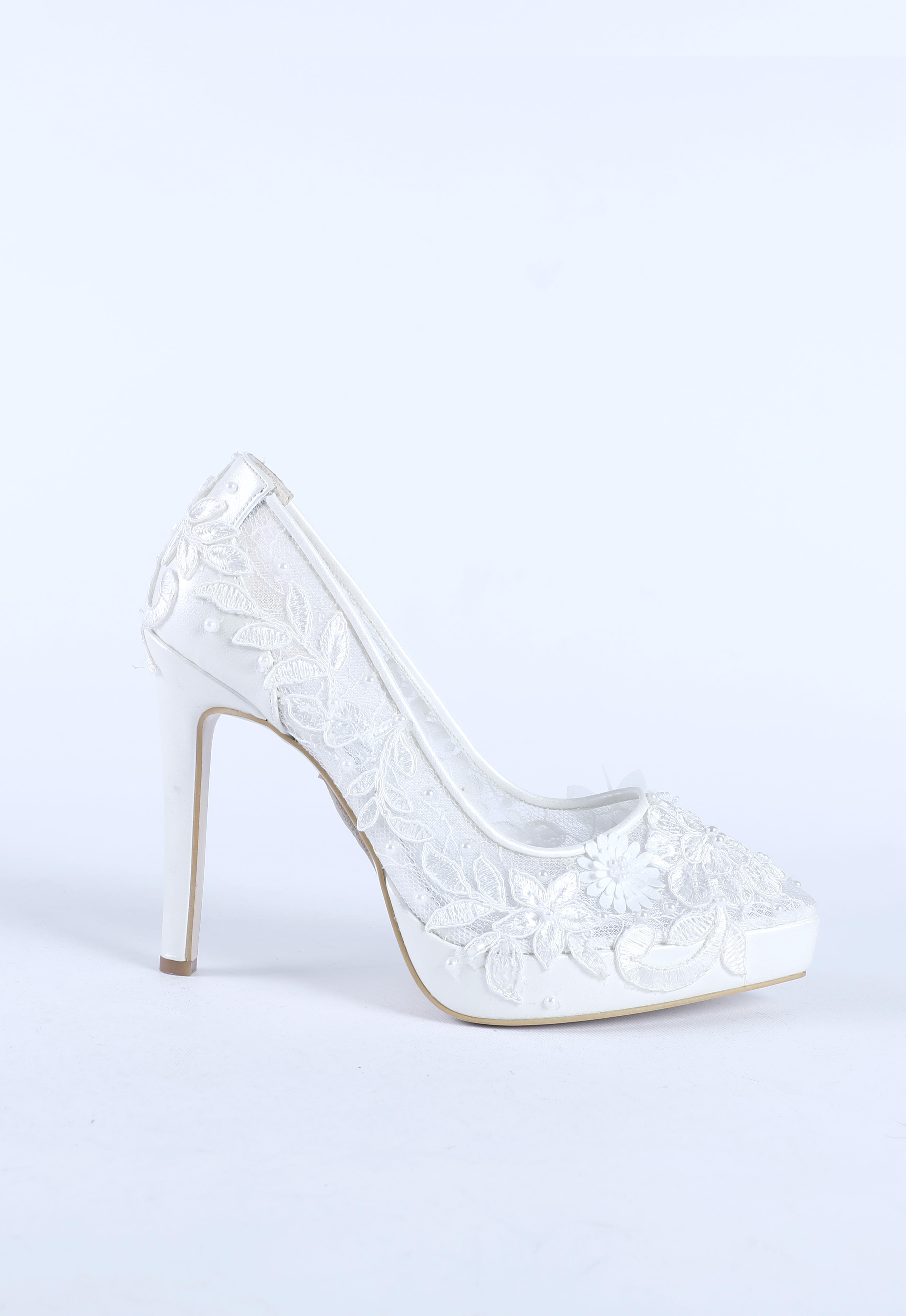 Kadın Dantel Desen İşlemeli Abiye Ayakkabı Sedef