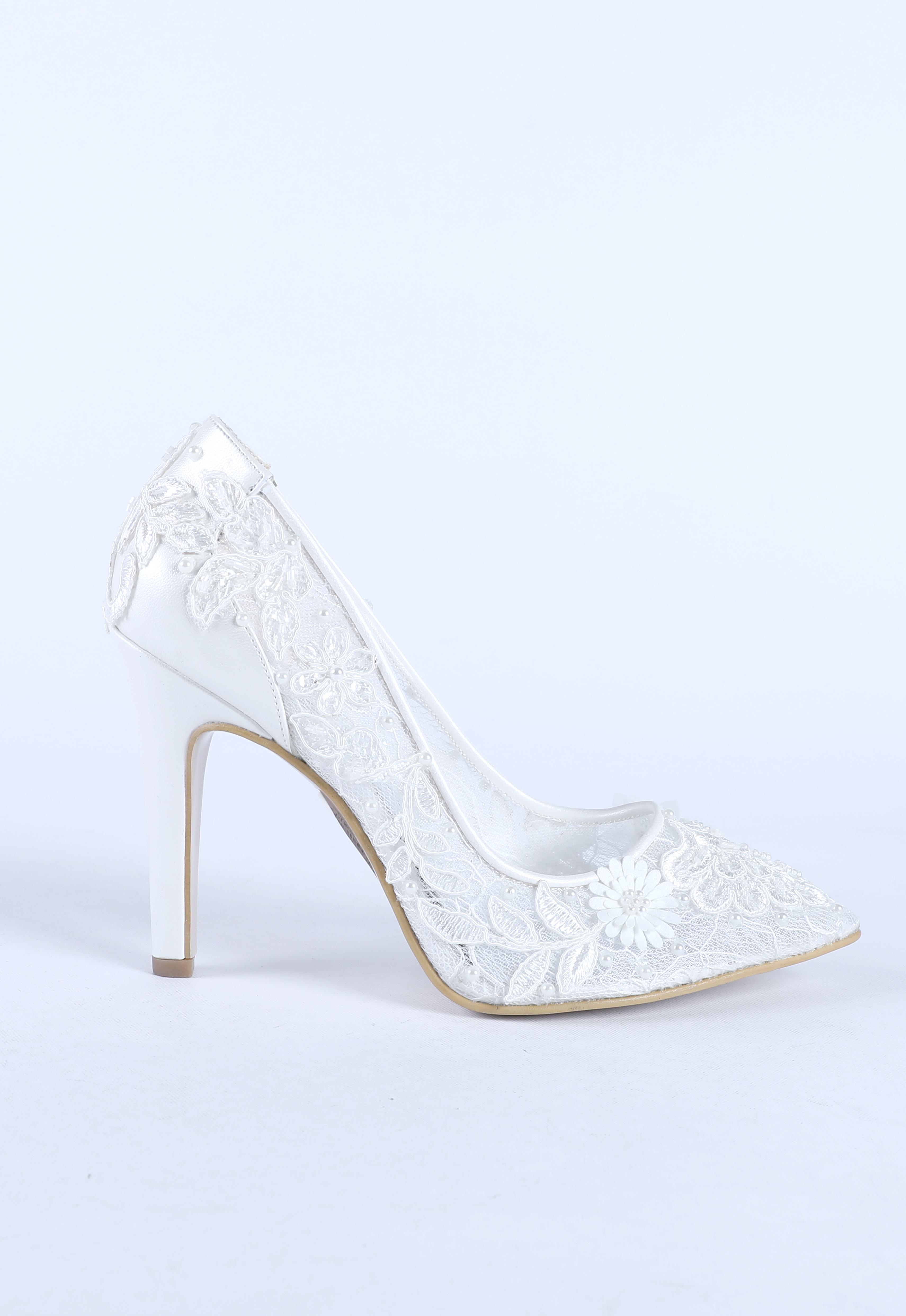 Kadın Dantel Desen İşlemeli Abiye Ayakkabı Sedef