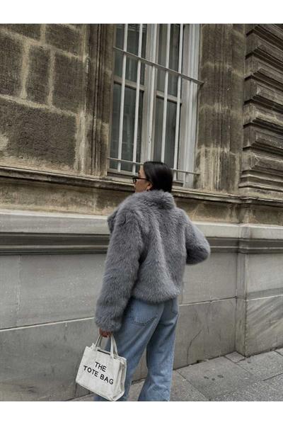 Kadın Yeni Sezon Şal Yaka Oversize Kürk Gri