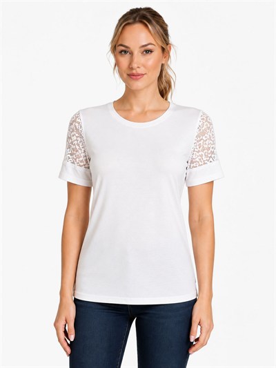 Bisiklet Yaka Kolları Dantelli ve Manşetli Kadın Tshirt