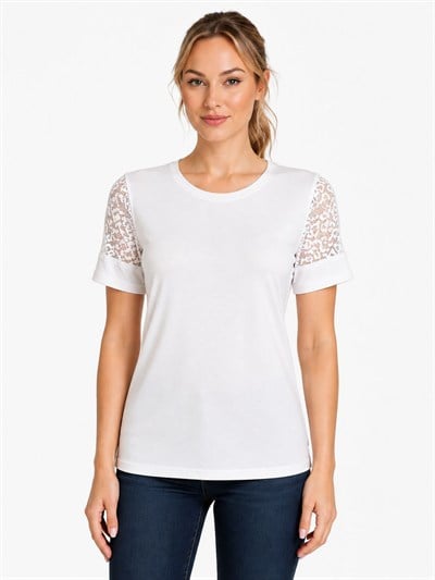 Bisiklet Yaka Kolları Dantelli ve Manşetli Kadın Tshirt