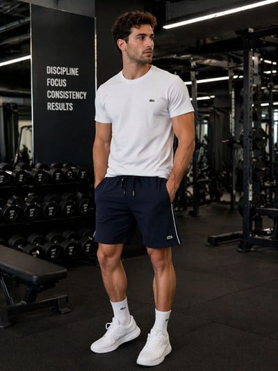 BEYAZ T SHIRT -ALTI LACİVERT YANLARI ÇİZGİLİ ŞORTLU ERKEK TAKIM