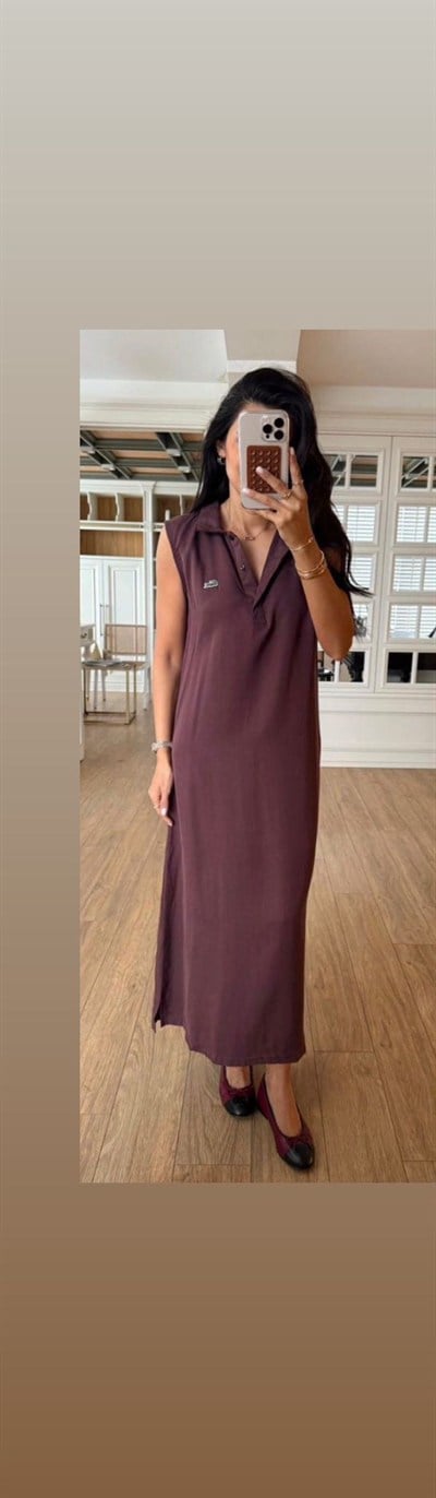 LCST POLO YAKA KOLSUZ TENSEL KUMAŞ KADIN BORDO UZUN ELBİSE