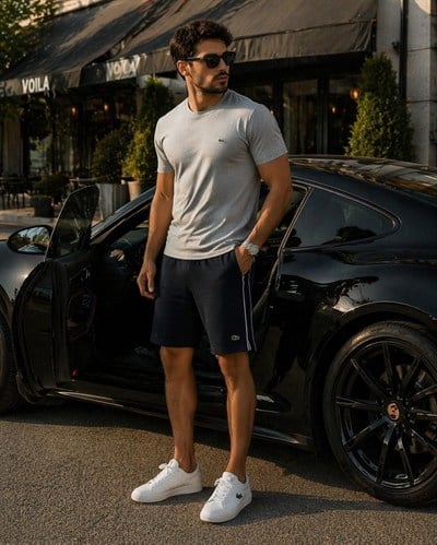 LCST ÜSTÜ GRİ  T SHIRT -ALTI SİHAY  YANLARI ÇİZGİLİ ŞORTLU ERKEK TAKIM