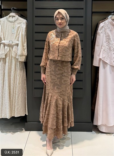 ÇİÇEK DETAY ETEK TAKIM CAMEL
