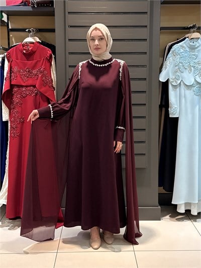OMZU TAŞ DETAYLI ELBİSE BORDO