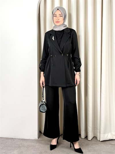 BROŞ DETAYLI PANTOLON TAKIM SİYAH