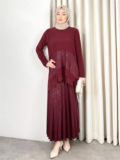 ŞİFON DETAYLI ETEK TAKIM BORDO