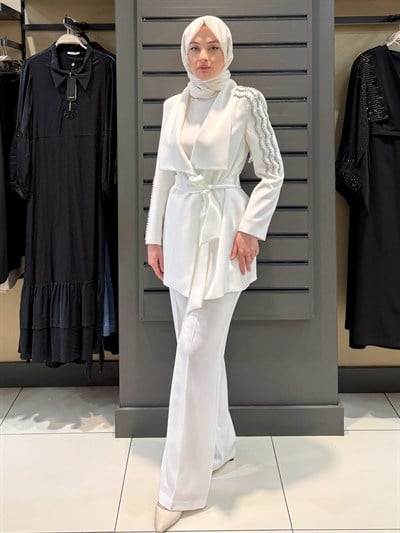TAŞ DETAY BLAZER TAKIM EKRU