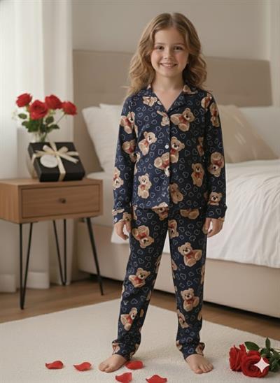 Lacivert Kalpli Ayıcıklı Pijama Takımı