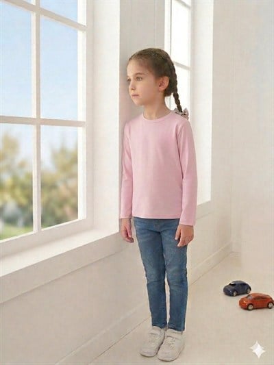 Unisex Kız-Erkek Çocuk Düz Badi uzun  Kol Bisiklet Yaka 