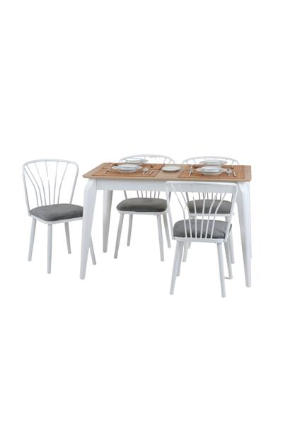 70x120 Mutfak Masası Takımı 1 Masa + 4 Sandalye Metal İstkelet Atlas Model-Ceviz/Beyaz