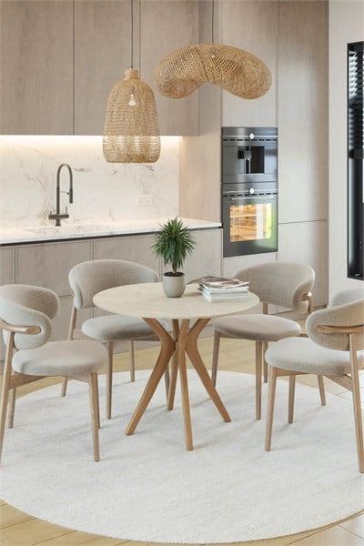 80x80cm Yuvarlak Masa (Sadece Masa) Traverten-Ceviz Mutfak Masası-Balkon Masası Pera Model (Masa)