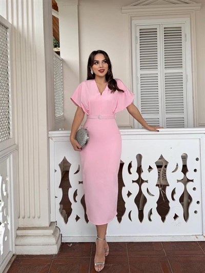 ELARA – Kemer Detaylı Midi Elbise - Pembe