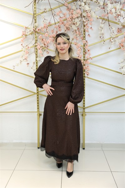 LORENA – Dantelli Işıltı Elbise - Kahverengi