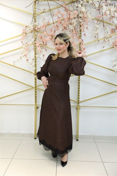 LORENA – Dantelli Işıltı Elbise - Kahverengi