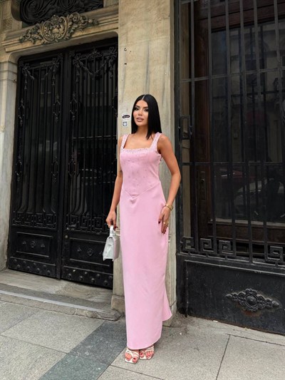 SERENA – Taş Detaylı Askılı Uzun Elbise - Pembe