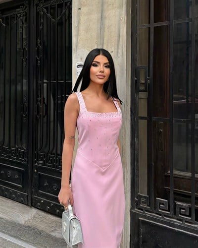 SERENA – Taş Detaylı Askılı Uzun Elbise - Pembe