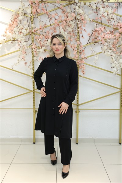 ZAREL – Boncuk Şerit Detaylı İkili Takım - Siyah