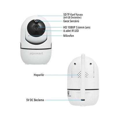 Alpsmart AS680-IP Akıllı WiFi IP Kamera 2MP 360° Panoramik Kamera