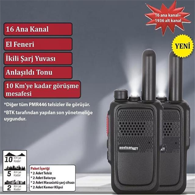Aselsan Pm-580 Pmr Şarj Dahil İkili El Telsizi (10 Km)(16 Kanal + 121 Alt Kanal)