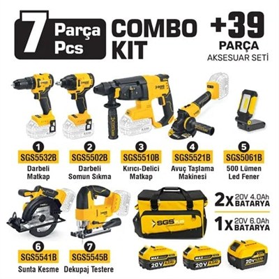 COMBO SET 7 PARÇA (Darbeli Matkap/Kırıcı-Delici Matkap/Darbeli Somun Sıkma/Avuç Taslama Makinesi/Sunta Kesme/Dekupaj Testere/Led Fener)