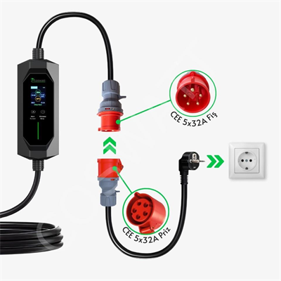 Coswatt Taşınabilir EV Şarj Cihazı CS-P3-32A / 22kW / 5M / Türkçe Menü / 380V AC / 5x32A CEE Fiş / Ev Tipi Priz Adaptörü / Taşıma Çantası