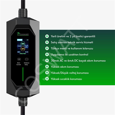 Coswatt Taşınabilir EV Şarj Cihazı CS-P3-32A / 22kW / 5M / Türkçe Menü / 380V AC / 5x32A CEE Fiş / Ev Tipi Priz Adaptörü / Taşıma Çantası