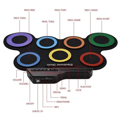 Magicvoice G3002R 7 Ped Gökkuşağı Renkli Elektronik Roll Up Davul Kiti