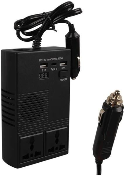 Olesson 1664 DC 12-24V 200W Oto Araç Power İnverter 1x Çakmak Girişi - 1x TYPE-C - 2x USB - 2x 220V Üniversal Priz