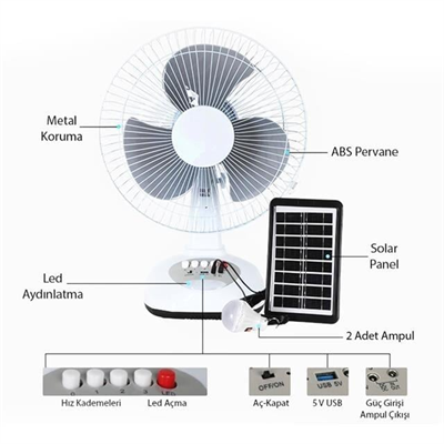 PowerMaster PM-22009 3 Kademeli Şarjlı - Solarlı Fan Vantilatör Ampul - Ledli - Powerbank