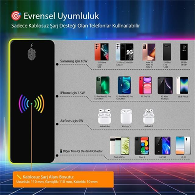 PowerMaster PM-25115 XL RGB Gaming Mouse Pad Wireless Telefon Şarj Destekli 14 Modlu
