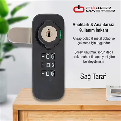 PowerMaster PM-26726 3 Haneli Şifreli Ve Anahtarlı Mekanik Siyah Çekmece Dolap Kilidi (Sağ)